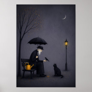 Poster Vieil Homme Nourrissant un Oiseau sous une Pluie T