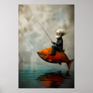 Poster Vieil Homme Pêchant sur un Poisson Cramoisi Flotta