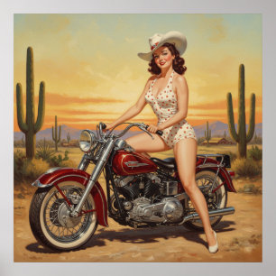 Poster vieille école Retro Pin-up fille sur moto