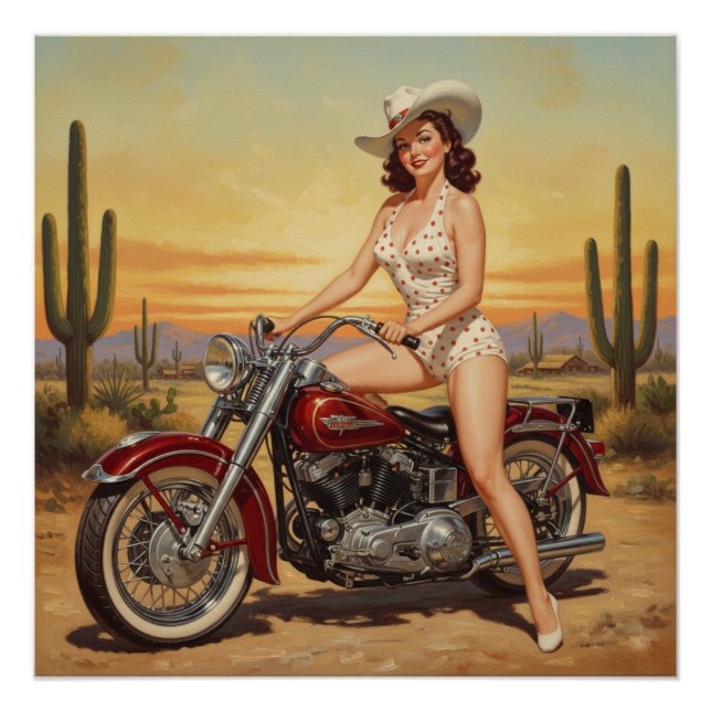 Poster vieille école Retro Pin-up fille sur moto (Devant)