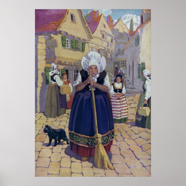 Poster Vieille Femme, Chat et Balai Comptine (Devant)