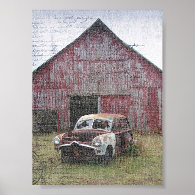 Poster Vieille grange et voiture abandonnée (Devant)