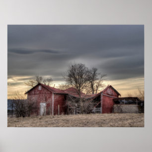 Poster Vieille grange rouge arbres d'hiver Photographie H