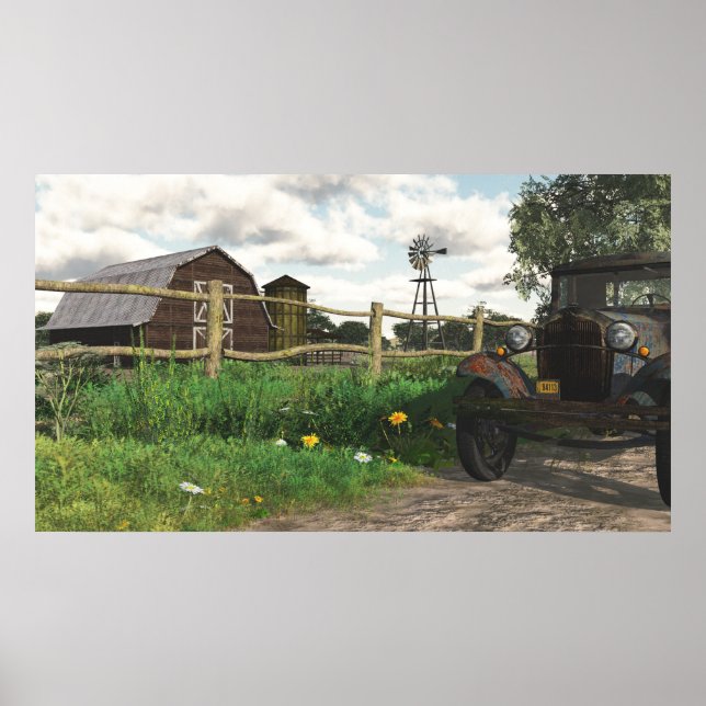 Poster Vieille grange rouge et camion rouillé (Devant)
