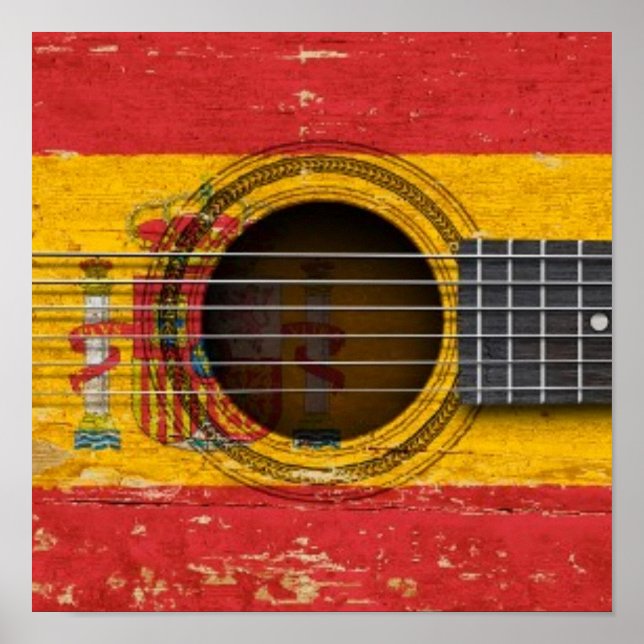 Poster Vieille guitare acoustique avec drapeau espagnol (Devant)