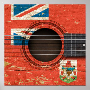 Poster Vieille guitare acoustique avec le drapeau des