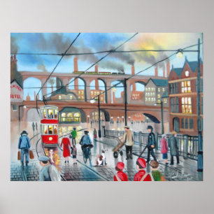 Poster Vieille peinture à l'huile de train de viaduc de
