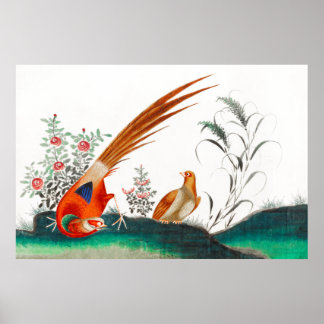 Poster Vieille peinture chinoise de deux oiseaux parmi le