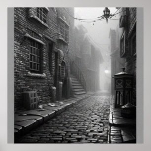 Poster Vielle rue du Mystère noir et blanc dans une vieil