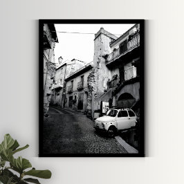 Poster Vielle ville italienne noire et blanche avec voitu