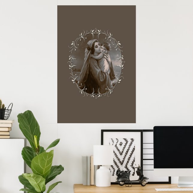 Poster Vierge vintage et enfant avec cadre argenté (Bureau à domicile)