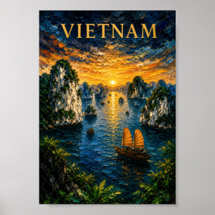 Poster Vietnam : Halong Bay Art Souvenir Coucher de Solei