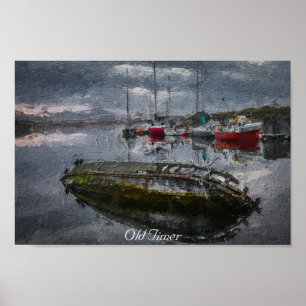 Poster Vieux Bateau dans le port coulant, peinture à l'hu