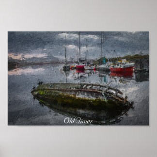 Poster Vieux Bateau dans le port coulant, peinture à l'hu