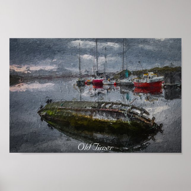 Poster Vieux Bateau dans le port coulant, peinture à l'hu (Devant)