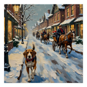 Poster Vieux Beagle dans une rue victorienne enneigée à N