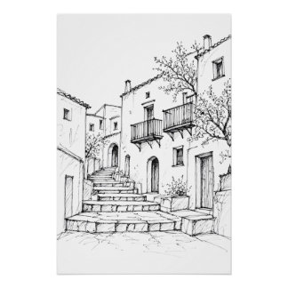 Poster Vieux bourg méditerranéen Art à la plume