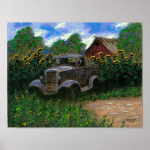 Poster Vieux camion avec des tournesols