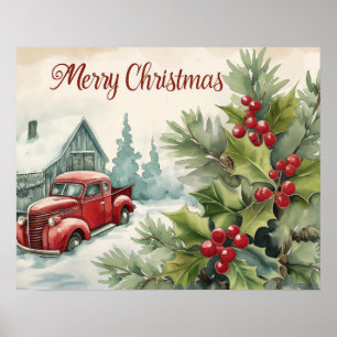 Poster Vieux Camion Rouge Joyeux Noël