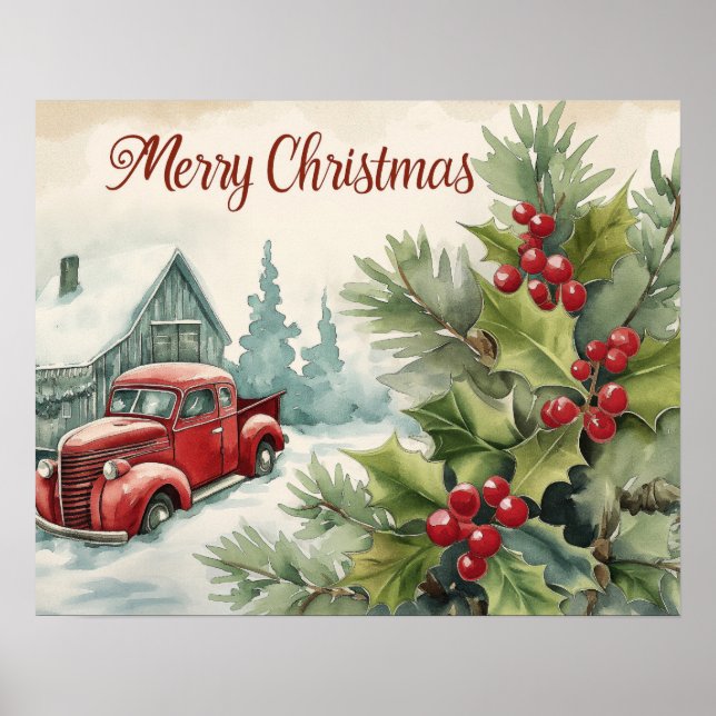 Poster Vieux Camion Rouge Joyeux Noël (Devant)