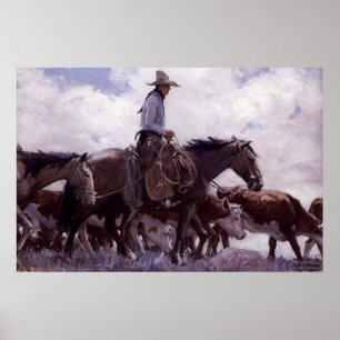Poster Vieux cow-boy avec son troupeau de bétail par Koer