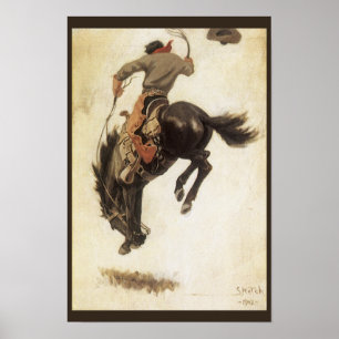 Poster Vieux Cowboy, étude de Bronco Buster par NC Wyeth