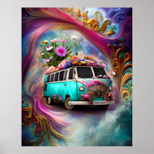 Poster Vieux fourgon Combi rouillé avec fleurs 1970 3