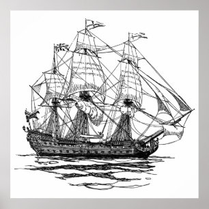 Poster Vieux galion pirate, esquisse d'un navire de 74 ca