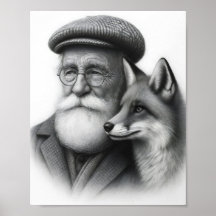Vieux homme avec Fox Classic Noir & Blanc Crayon A