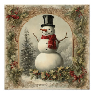 Poster Vieux Monde Noël Snowman