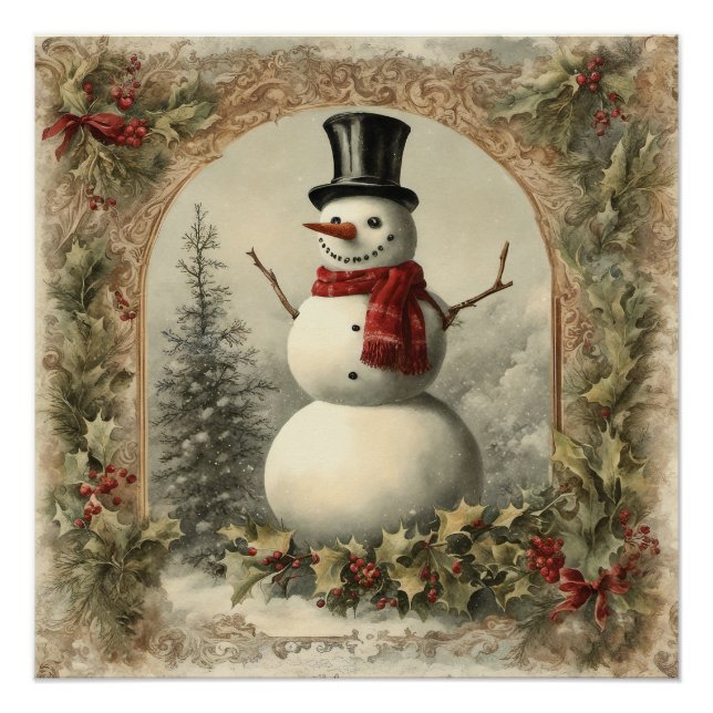 Poster Vieux Monde Noël Snowman (Devant)