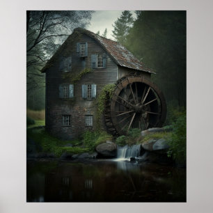 Poster Vieux moulin à roue à eau avec une grande beauté h