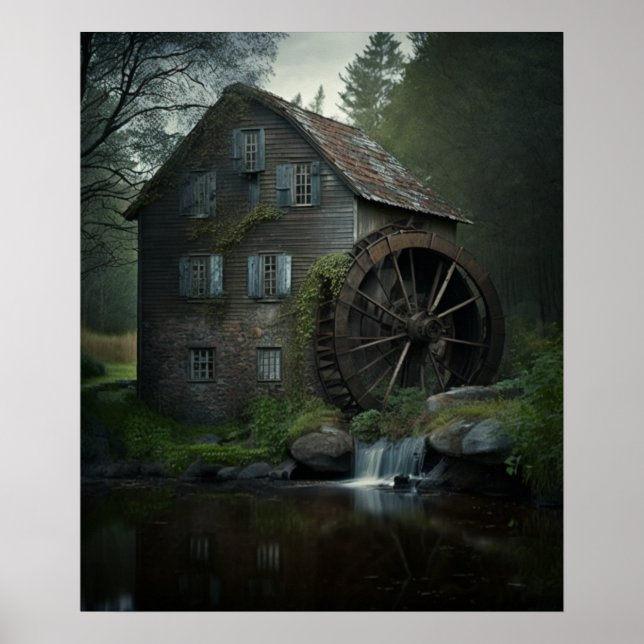 Poster Vieux moulin à roue à eau avec une grande beauté h (Devant)