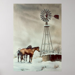 Poster VIEUX MOULIN À VENT et CHEVAUX par SHARON SHARPE