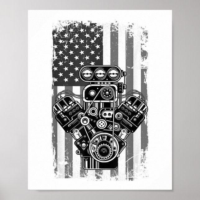 Poster Vieux Piston de Voiture de Muscle de Drapeau Améri (Devant)