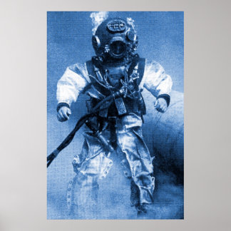 Poster vieux plongeur avec casque en laiton bleu couleur