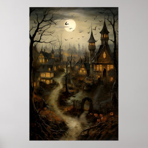 Poster Vieux Village avec citrouilles, campagne d'Hallowe