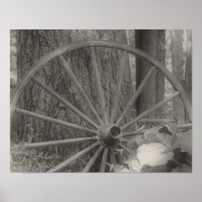 Poster Vieux Wagon Roue Vieux Noir Et Blanc (Devant)