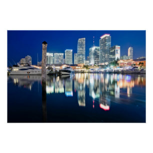 Poster View of skyline with reflection in water, Miami