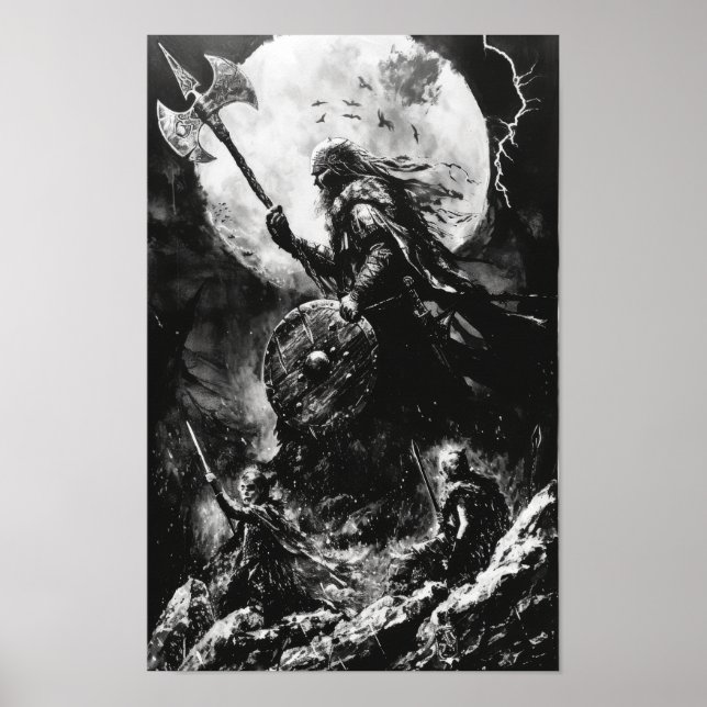 Poster Viking Fury Illustration acrylique noir et blanc P (Devant)