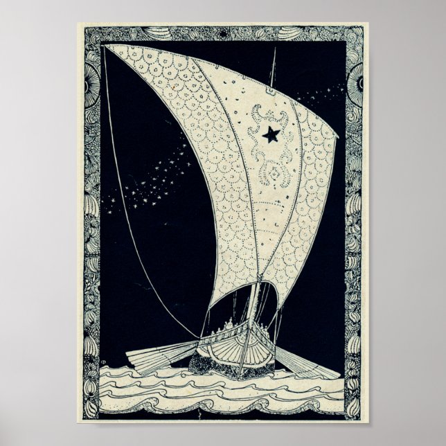 Poster Viking Longship naviguant la nuit (Devant)