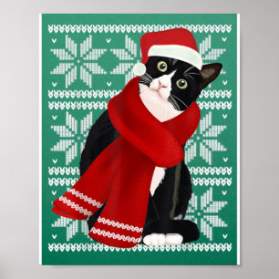 Poster Vilaine Noël Chat noir Santa Hat Scarf Fête