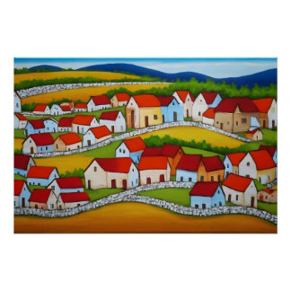 Poster Village d'art populaire aux toits rouges