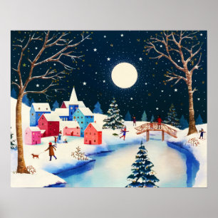 Poster Village de neige bleu d'hiver