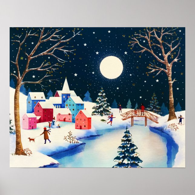 Poster Village de neige bleu d'hiver (Devant)