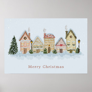 Poster Village de Noël à l'aquarelle Joyeux Noël Bleu
