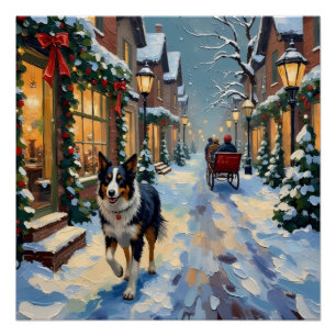 Poster Village de Noël enneigé vintage avec Border Collie