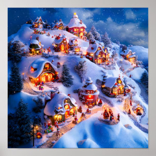 Poster Village de Noël fantaisiste des collines enneigées