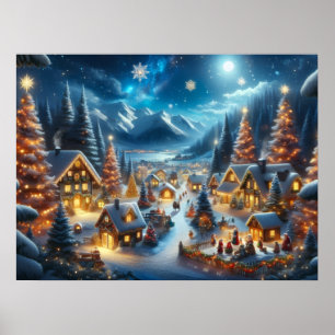 Poster Village de Noël magique sous la neige et la lumièr