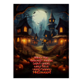 Poster Village d'Halloween effrayant avec épouvantail